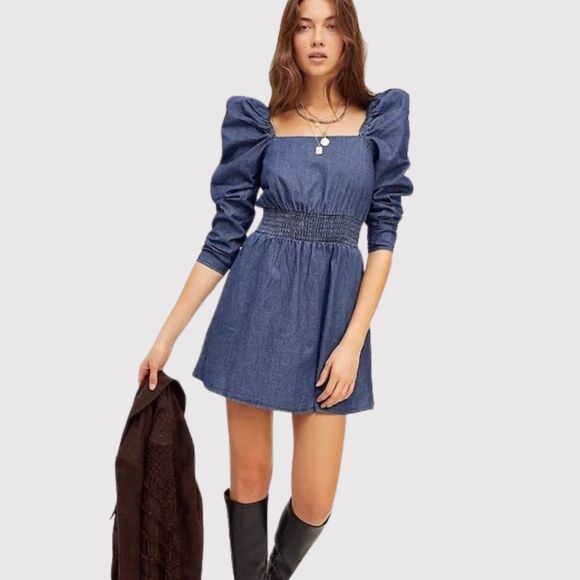 Free People Dresses & Skirts - Free People Womens Dress Molly Mini Chambray Puff Sleeve Smocked A Line Large